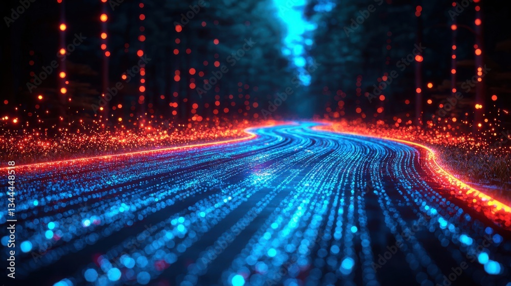 Poster illuminated roadway with bright lights illustrating ai-driven network load balancing and traffic man