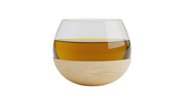 Elegant whiskey glass with wooden base filled with golden liquid isolated on white background