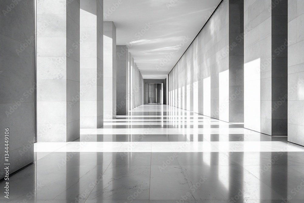 Poster Modern minimalist hallway with sunlight streaming through, creating shadows and reflections on polished floor.
