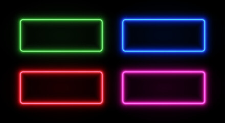 Neon glow rectangle frame. Border with laser led light. Vector set of fluorescent templates for game design.