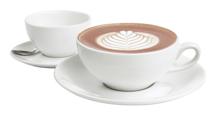 Obraz premium Hot Beverage in Elegant White Cup with Beautiful Latte Art Served with Empty Cup and Saucer