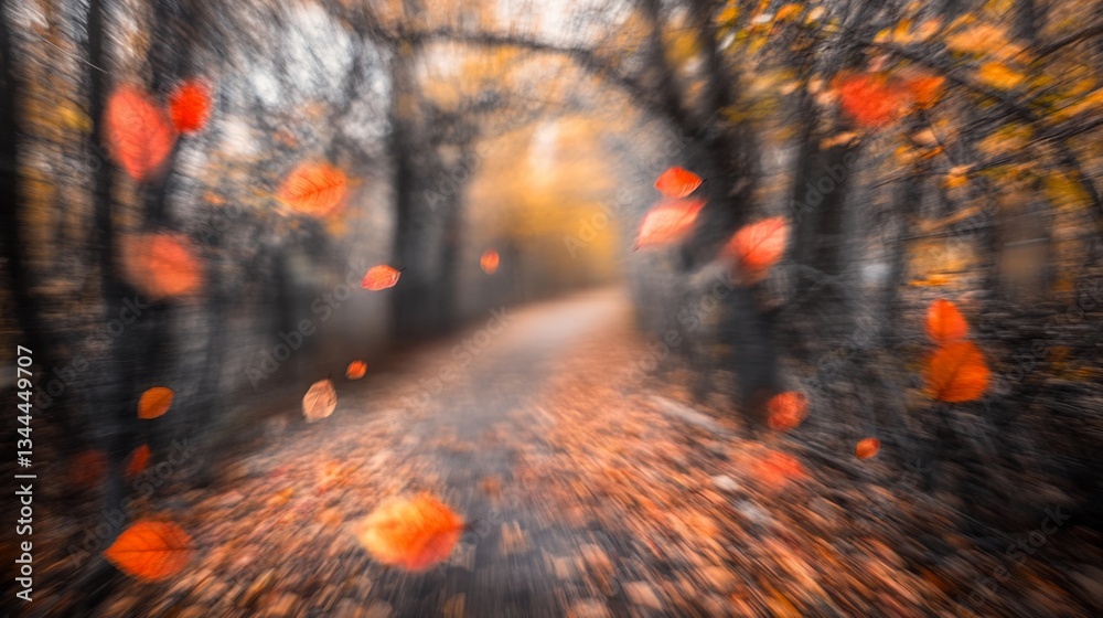 Aufkleber autumnal path through a forest with falling leaves, blurred motion effect.