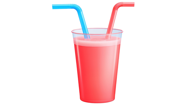 Refreshing Bright Pink Beverage in Clear Cup with Blue and Red Straws on White Background