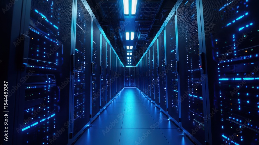 Poster high-tech server room filled with advanced machinery and equipment for ai-driven supercomputer autom
