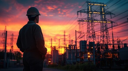 Individual standing confidently in front of high voltage power lines against a clear blue sky symbolizing energy infrastructure