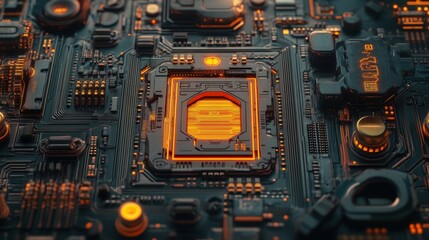 Fototapeta premium The Entertainment Technology Concept is illustrated as a 3D render featuring a microchip with a movie symbol, with vibrant orange neon data exchanging between the CPU and the user on a futuristic
