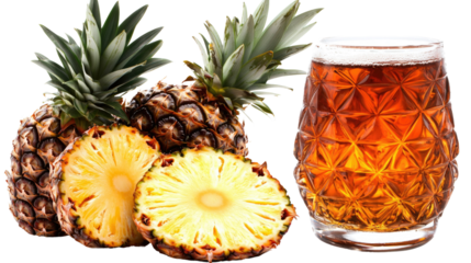 Fresh Pineapple Slices and Glass of Amber Drink on White Background for Tropical Theme