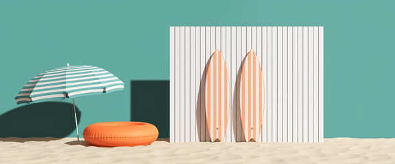 Beach scene mockup with striped surfboards, umbrella, and inflatable ring on sandy beach against teal wall, showcasing summer vacation concept