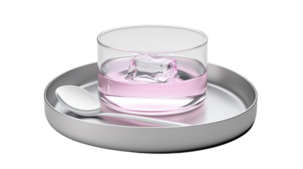 Elegant dessert presentation with jelly, spoon, and ice on a stylish plate