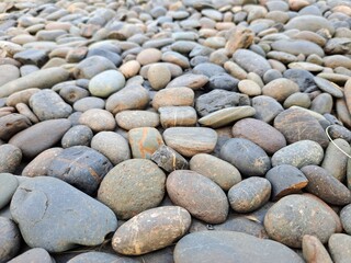 Close-up photograph of a group of gray-blue decorative rocks/stones arranged on the ground.