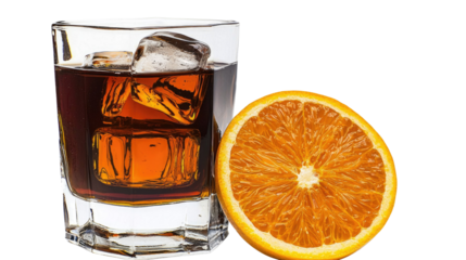 Refreshing Glass of Dark Beverage with Ice Cubes and Half Fresh Orange on White Background
