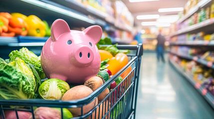 Pink piggy bank sitting in a grocery cart filled with fresh produce. symbolizing budgeting and saving money or expensive groceries, so need to bring savings