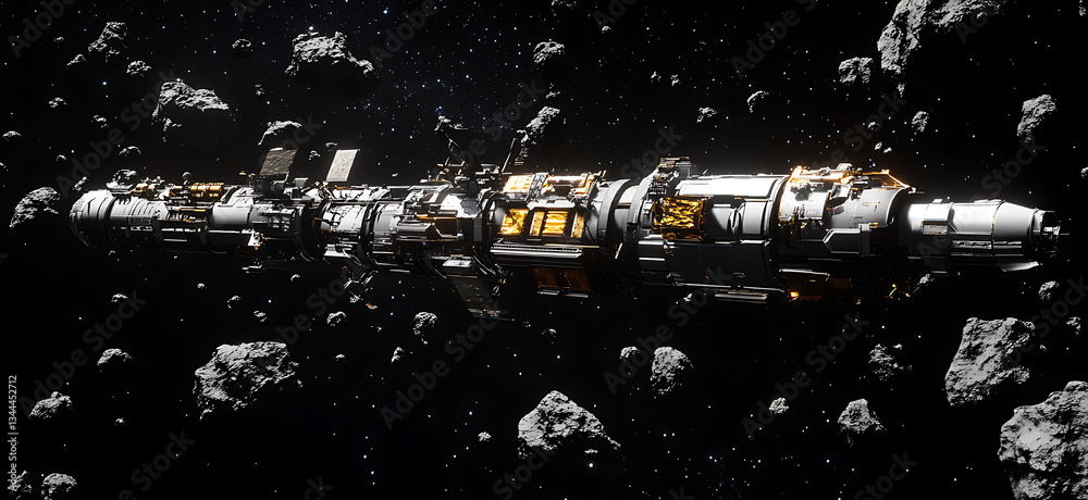 Wall mural a long segmented space station drifts amidst a scattering of asteroids in the vastness of outer spac