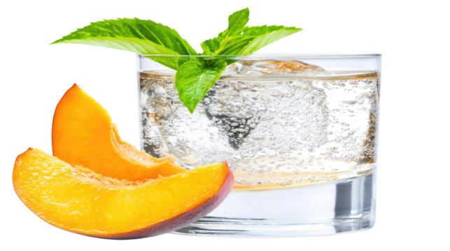 Refreshing Peach Cocktail with Mint Garnish and Ice in Clear Glass on White Background