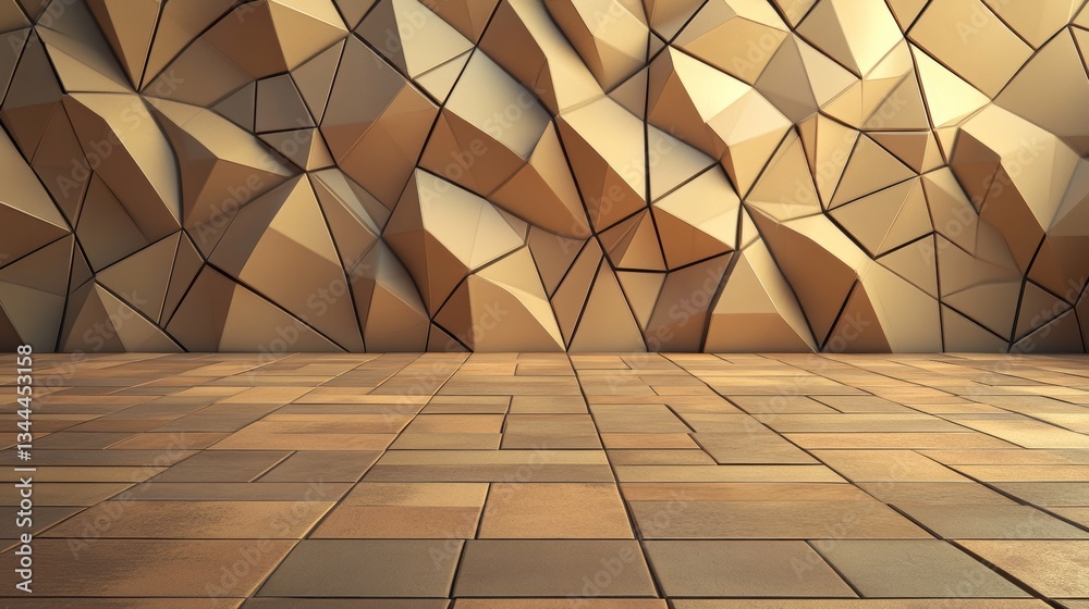 Poster the image features a 3d render of a wall composed of triangular natural stone mosaic tiles, with a b
