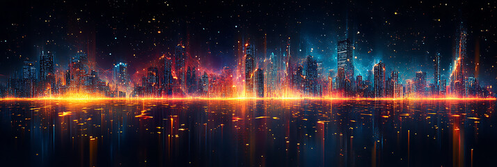 City skyline ablaze with vibrant light reflecting in shimmering waters under a starry dark sky.