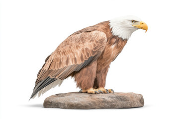 Obraz premium Realistic bald eagle with a white head, sharp yellow beak, and strong talons perched on a rock, attentively observing on an isolated white background