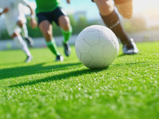 Soccer ball on a lush green soccer field ready for intense competition and dynamic player action