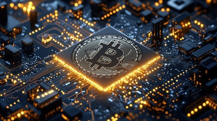 Bitcoin displayed on a circuit board representing advanced smart bitcoin contracts and digital finance