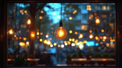 Glowing pendant light in a cozy caf? window with blurred city nightlife outside