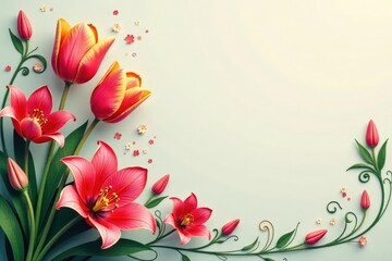 Fototapeta premium Bold stylized tulips & lilies, swirling vines, modern, bold