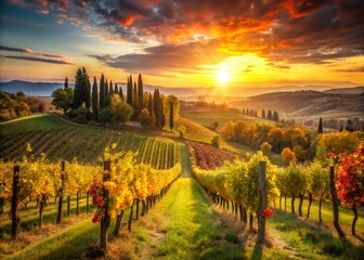 Naklejka premium Tuscan Vineyard Sunset: Rolling Hills of Radda in Chianti, Italy - Bokeh Photography