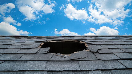 Roof Damage: A gaping hole reveals structural damage in a gray shingle roof against a vibrant blue sky. The image conveys a sense of urgency and the need for repair