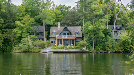 A peaceful waterfront house with a wooden dock and serene water view.