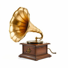 Antique Brass Gramophone with Wooden Base