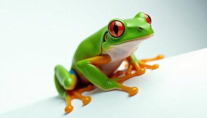 Obraz premium Green tree frog perched on white, vibrant skin, nature, amphibian