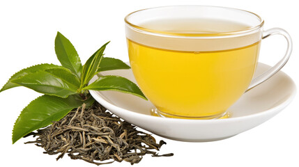 Fresh Green Tea in Elegant Cup with Tea Leaves and Fresh Leaves on White Background