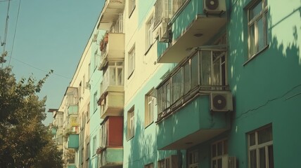 Obraz premium Teal and Beige Apartment Building Under a Sunny Sky