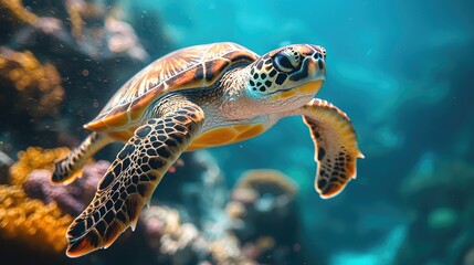 Graceful sea turtle swimming through vibrant coral reef, showcasing marine life