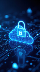 Cybersecurity lock graphic with digital cloud background.