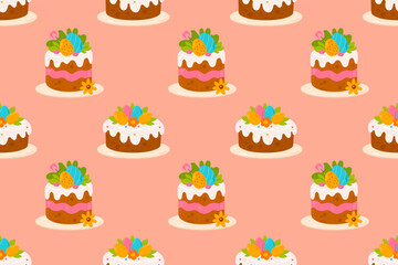 A seamless pattern with Easter cakes decorated with icing, candy eggs, and festive flowers on a soft pink background. Great for seasonal packaging, greeting cards, and decorative fabrics.