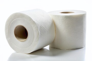 Two Rolls of White Toilet Paper Isolated on White Background - Stock Photo