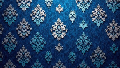 Geometric damask pattern featuring repeating diamond shapes and intricate lines in deep blue and silver , repeat, line, diamond