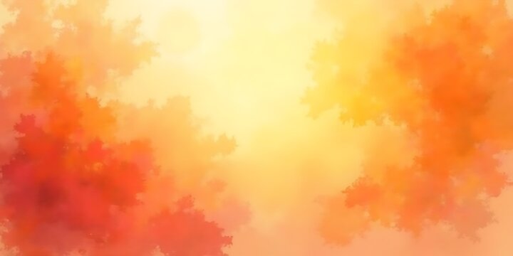 Autumnal Glow: A dreamy, watercolor-like background image showcasing the soft, radiant warmth of autumn leaves bathed in sunlight. The soft, muted tones of orange, red.