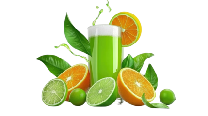 Refreshing Citrus Beverage with Bright Green Drink Surrounded by Fresh Oranges and Limes