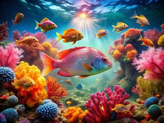 Obraz premium Underwater Double Exposure: Barred Pargo Fish & Coral Reef