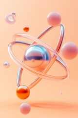 Abstract pastel spheres orbiting in atom model.
