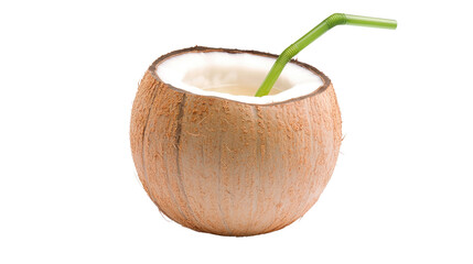 Fresh Coconut with Straw on White Background Perfect for Tropical Beverage Promotion