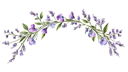 Watercolor lavender and violet flowers arched arrangement on white. Invitation art