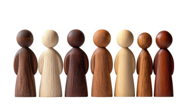 Diverse figures in a row, various skin tones