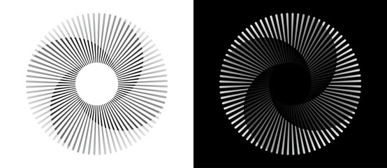 Spiral with lines in circle. Abstract geometric art line background, logo, icon, design element. A black figure on a white background and an equally white figure on the black side.
