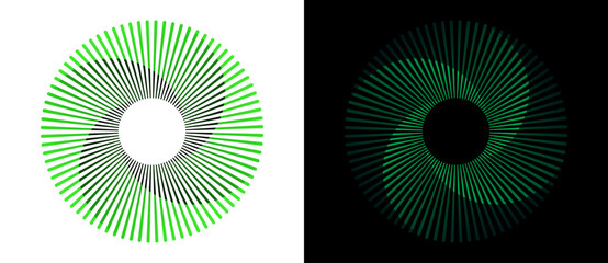 Spiral with lines in circle. Abstract geometric art line background, logo, icon, design element. A green figure on a white background and inverted colors on the black side.