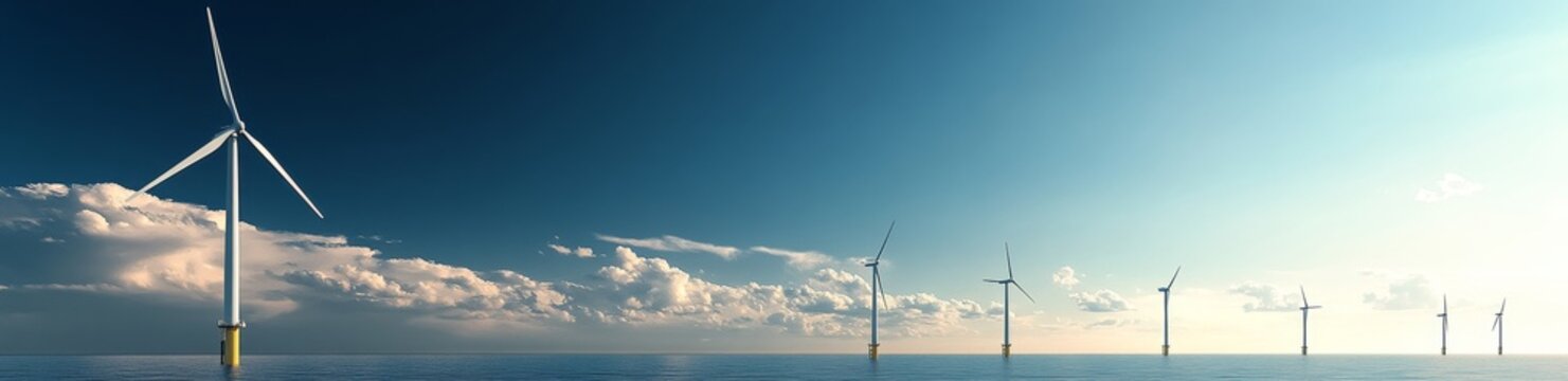 Offshore wind turbines, set against a hazy morning backdrop, embody the idea of wind power and clean energy