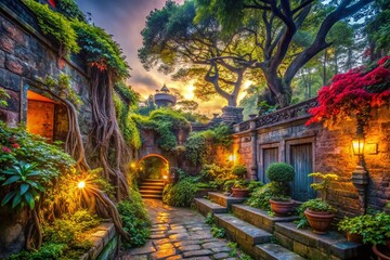 Fototapeta premium Urban Exploration: Stone Wall & Lush Tree Garden - Stock Photo