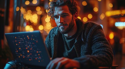Young man working intently on a laptop in a cozy caf? with festive lights