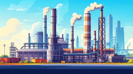 Obraz premium Industrial Complex Skyline, Modern Manufacturing Plant with Tall Chimneys and Smoke Stacks